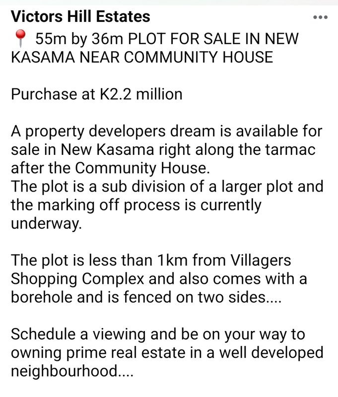 📍 55m by 36m PLOT FOR SALE IN NEW KASAMA NEAR COMMUNITY HOUSE