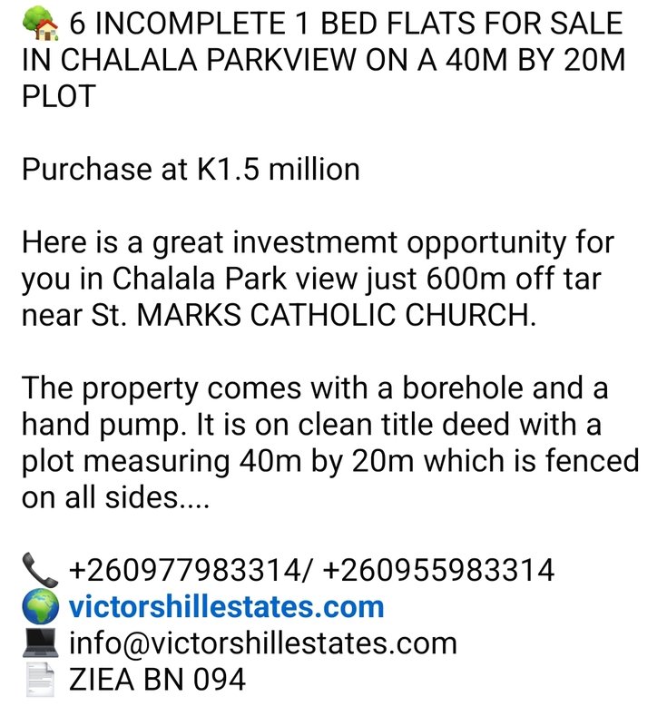 🏡 6 INCOMPLETE 1 BED FLATS FOR SALE IN CHALALA PARKVIEW ON A 40M BY 20M PLOT