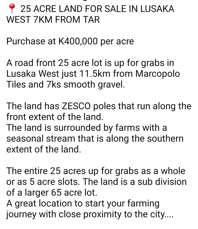 📍 25 ACRE LAND FOR SALE IN LUSAKA WEST 7KM FROM TAR