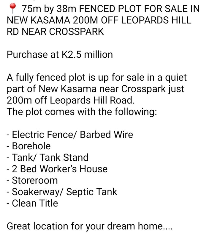 📍 75m by 38m FENCED PLOT FOR SALE IN NEW KASAMA 200M OFF LEOPARDS HILL RD NEAR CROSSPARK